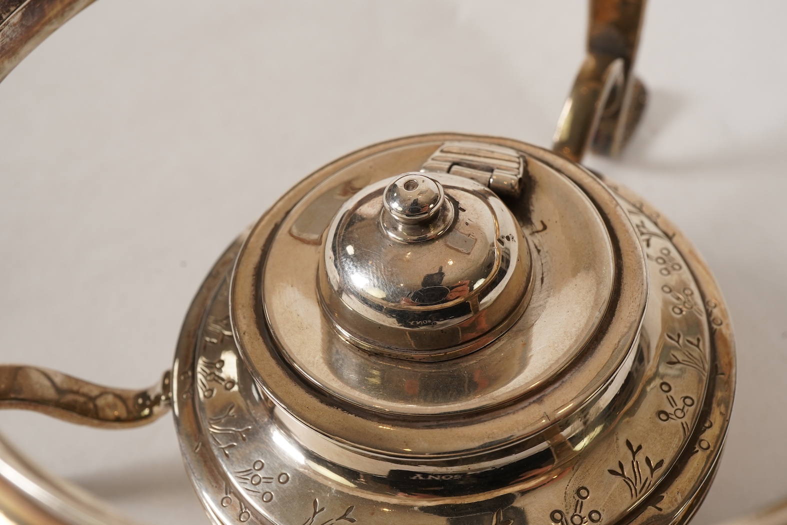 A George I silver tea kettle on stand, with burner by Gabriel Sleath, stand unmarked